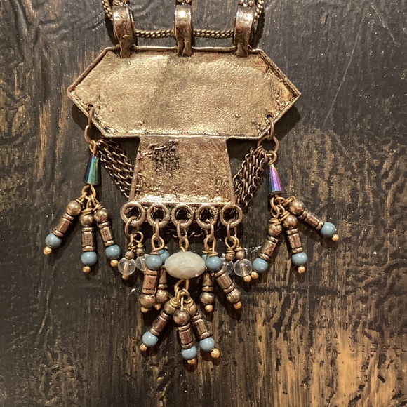 Earth Bound Tribal like necklace, Copper & Gold tone metals blue & gray beads - Picture 2 of 5